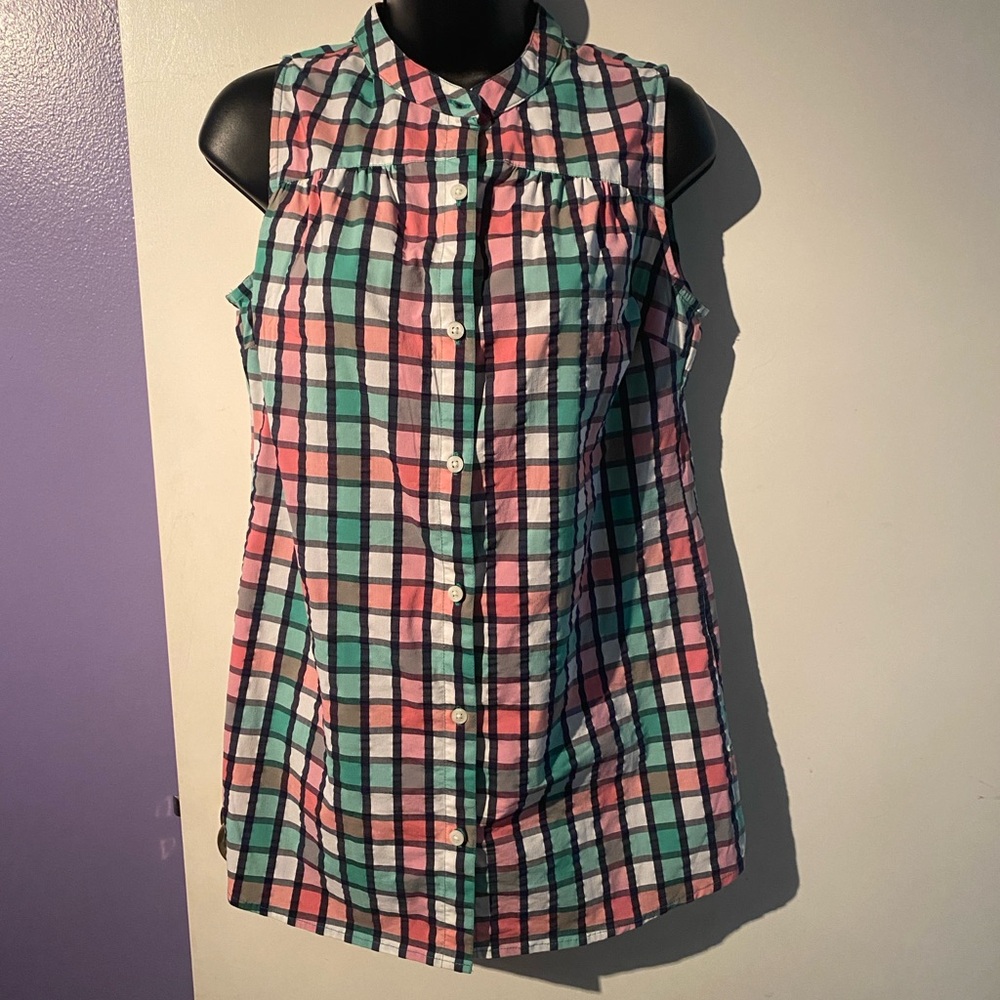 Columbia Pink Green and White Sleeveless Button Down Shirt Size Small